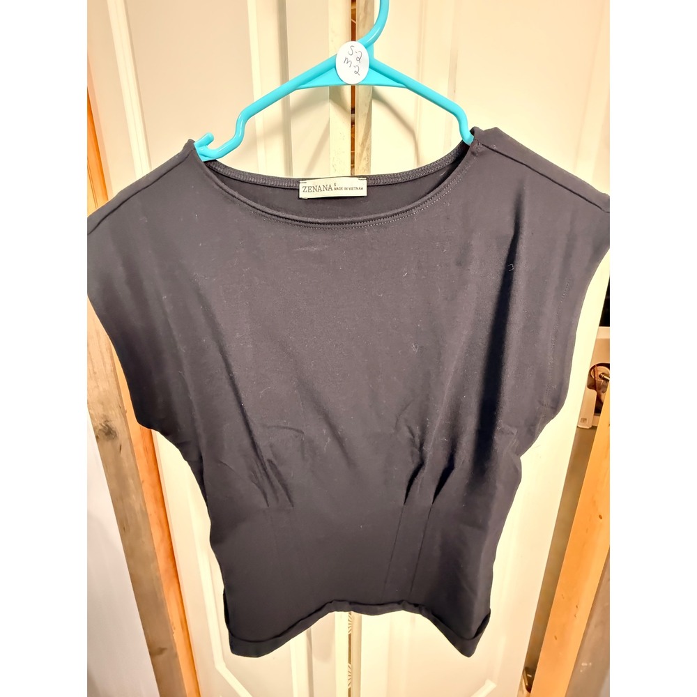 Zenana Black Cap Sleeve Pleated Waist Top Small Round Neck Structured Basic